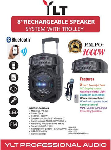 Image of YLT AUDIO YT-328 8" PORTABLE ACTIVE DJ PA RECHARGEABLE SPEAKER BLUETOOTH USB SD