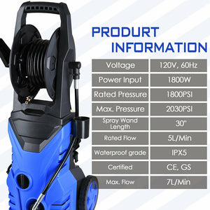 Blue Mini 2030psi 1.8gpm Electric Pressure Cleaner Washer 4 Nozzles