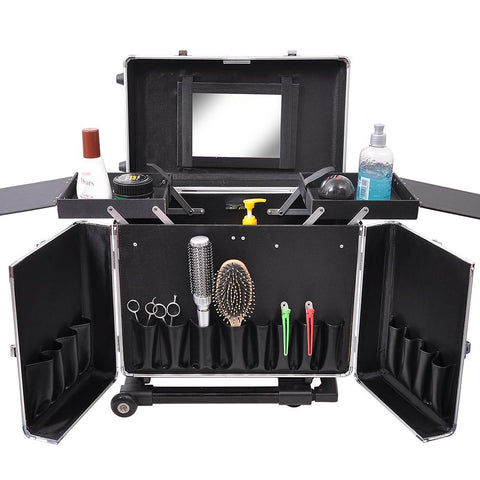 Image of Aluminum Rolling Salon Hair Stylist Train Case with Handle Mirror