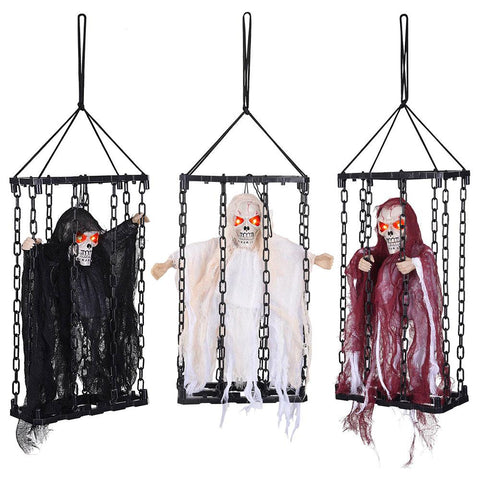 Image of 3 Pcs Animated Caged Skeleton in a Cage Halloween Prop
