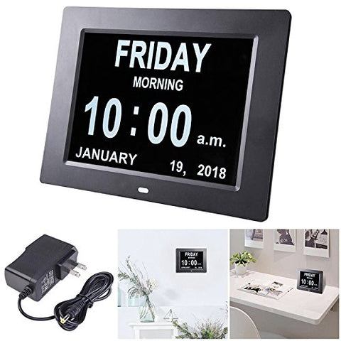 Image of 8" inch Large Digital Calendar Day Clock with 6-Alarm Black/White